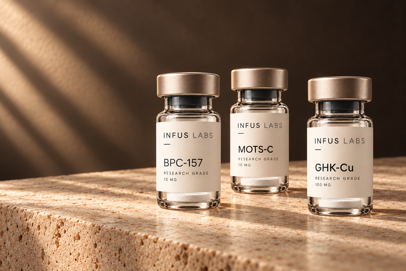 Infus Labs BPC-157 10 mg, MOTS-C 10 mg and GHK-Cu 100 mg vials on warm stone