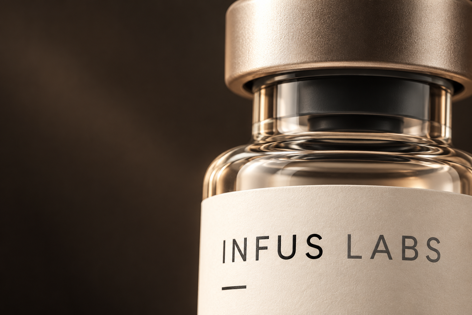 Close-up of the Infus Labs champagne cap, glass and ivory label