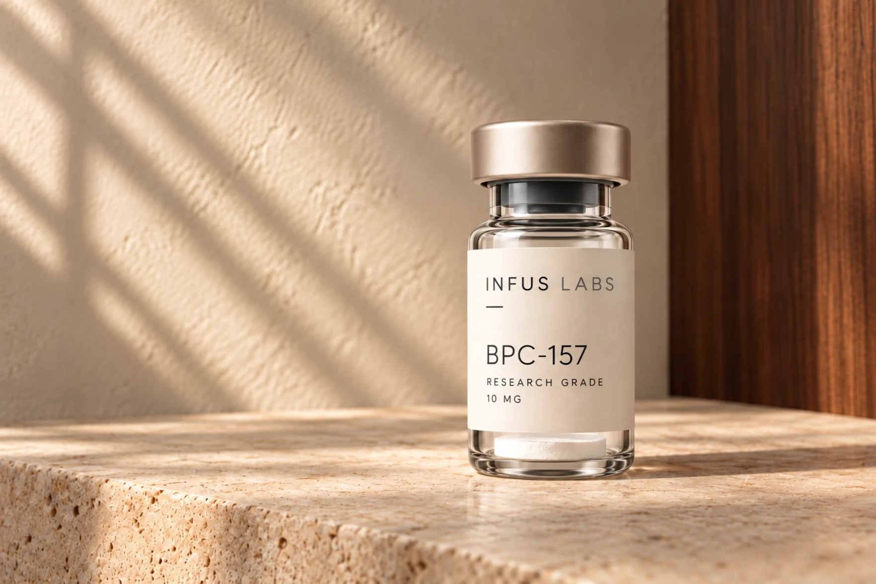 Infus Labs BPC-157 10 mg vial on warm travertine, with an ivory label and champagne cap