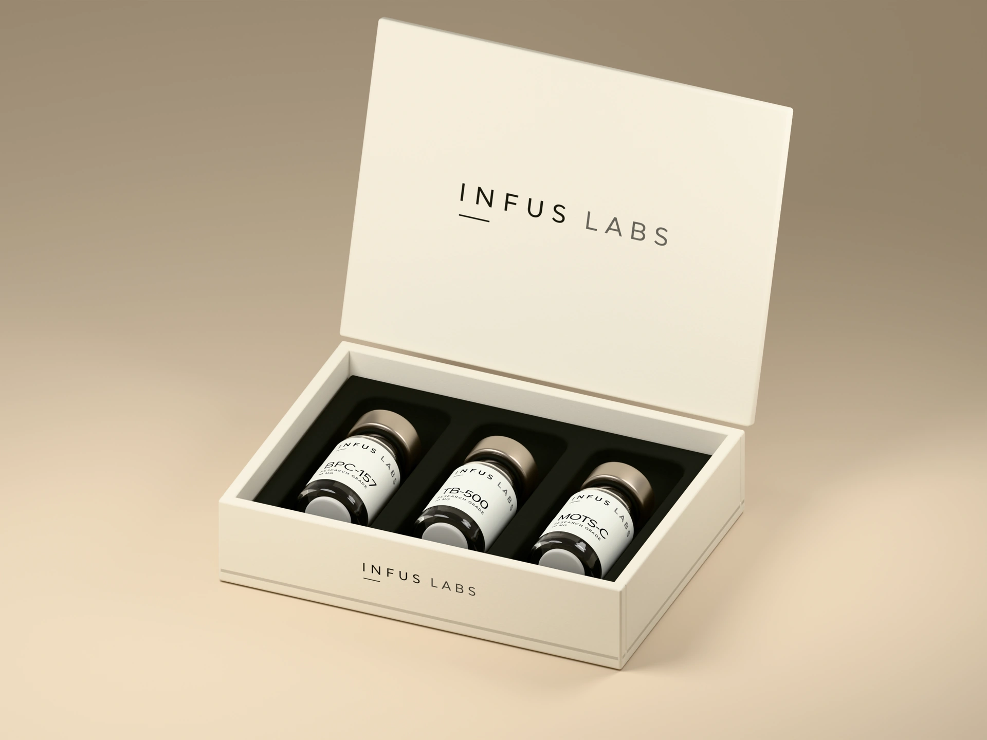 An ivory Infus Labs presentation box opens to three branded research vials in a charcoal insert.